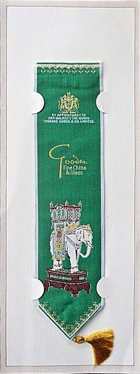 J & J Cash woven bookmark, with words and image of a fine china elephant