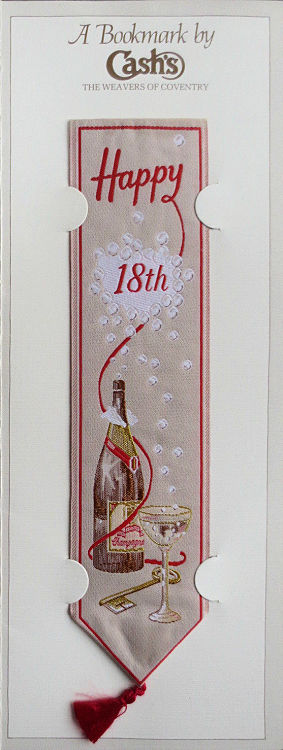 Cash's woven bookmark with woven title words and image of champagne and a key