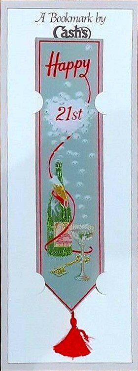 Cash's woven bookmark with woven title and image of a champagne bottle and key