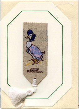Cash's greeting card, with an attached woven bookmark titled: JEMIMA PUDDLEDUCK