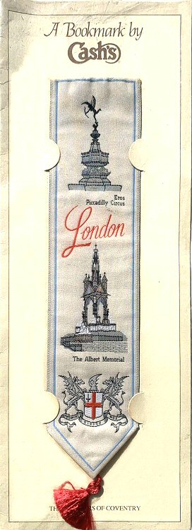 J & J Cash woven bookmark, with title word and images of Eros & Albert Memorial