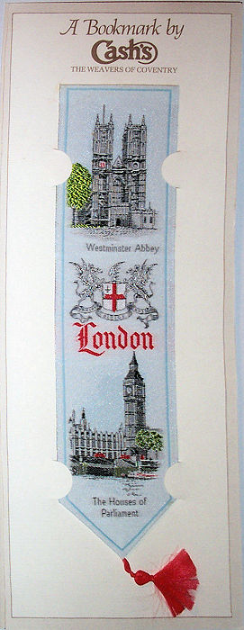 J & J Cash woven bookmark, with title word and images of Westminster Abbey and The Houses of Parliament