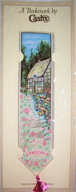 J & J Cash woven bookmark, with image of a country cottage, and name LYNTON
