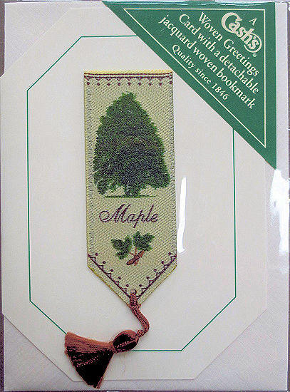 Cash's greeting card, with an attached woven bookmark titled: MAPLE