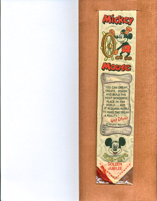 Cash's woven bookmark attachd to backing card, with woven title and words and image of MICKEY MOUSE
