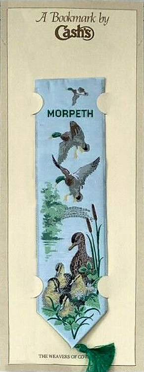 Cash's woven bookmark with woven title words and image of mallard ducks in flight