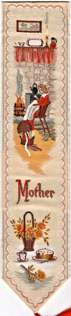 Cash's woven bookmark with woven title word and image of a fireside scene