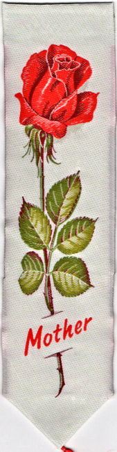 Cash's woven bookmark with woven title word and image of a rose with the stem 'slotted through' the card backing