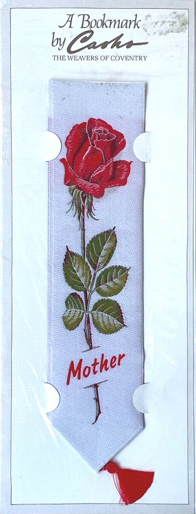 Cash's woven bookmark with woven title word and image of a rose with the stem 'slotted through' the card backing