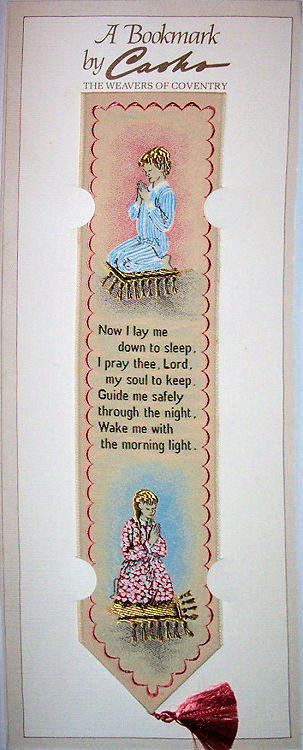 Cash's woven bookmark with woven image of a child at prayer, and words of prayer