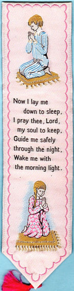 Cash's woven bookmark with woven image of a child at prayer, and words of prayer