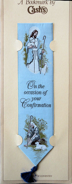 Cash's woven bookmark with image of a shepherd and sheep and title words