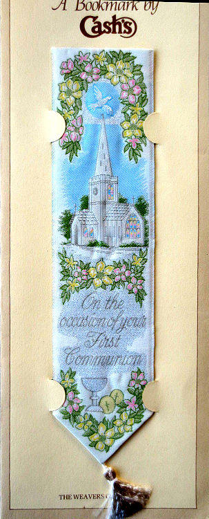 Cash's woven bookmark with image of a church and title words