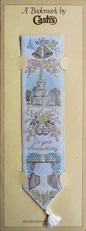 J & J Cash woven bookmark, with picture of a church and title words
