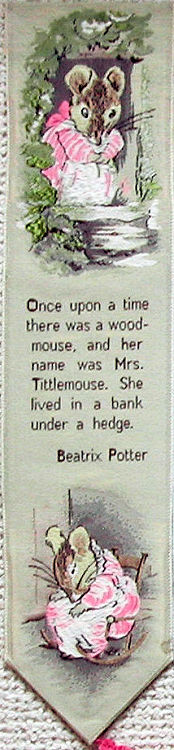 Cash's woven bookmark with words beginning: Once upon a time there was a wood-mouse