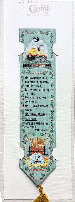 Cash's woven bookmark with woven title words and words of a poem