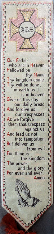 J & J Cash woven bookmark, with title words and words of the Lord's Prayer