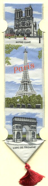 Cash's woven bookmark with title word and image of Paris landmarks