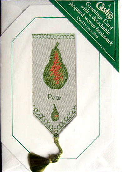 Cash's greeting card, with an attached woven bookmark titled: PEAR