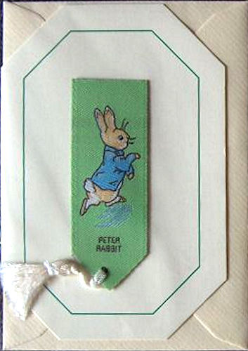 Cash's greeting card, with an attached woven bookmark titled: PETER RABBIT