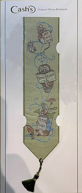 Cash's woven bookmark with three small images with names, Mrs. Tittlemouse, Squirrel Nutkin's Owl & Peter Rabbit, on each