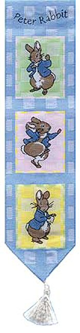 Cash's woven bookmark, with title words and three seperate images of Peter on a check background