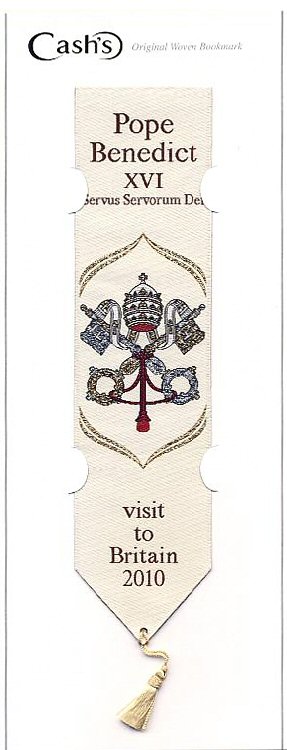 J & J Cash woven bookmark, with title words and image of the Vatican shield