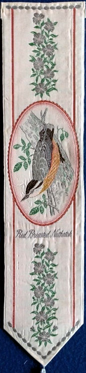 Cash's woven bookmark with woven image of a bird, and title words