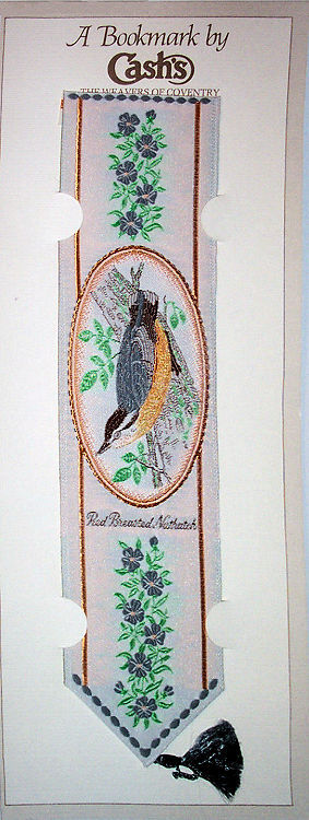 Cash's woven bookmark with woven image of a bird, and title words