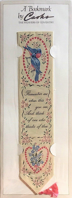 Cash's woven bookmark with woven image of a pair of love birds and words of a verse