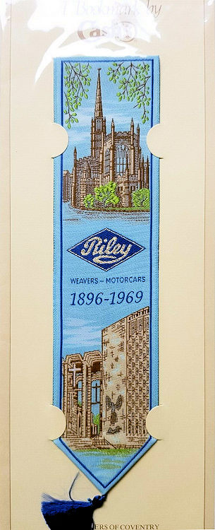 Cash's woven bookmark with woven images of the old and new Coventry Cathedral, RILEY motor car name and dates