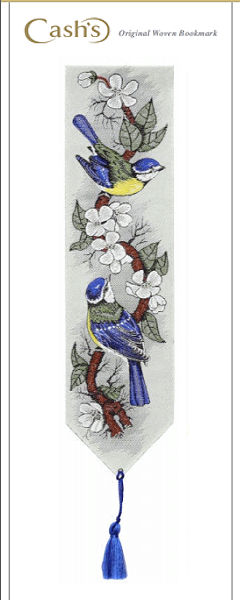 J & J Cash woven bookmark, with no words, but titled: BLUE TITS