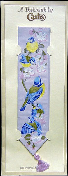 J & J Cash woven bookmark, with no words, with image of five blue tit birds
