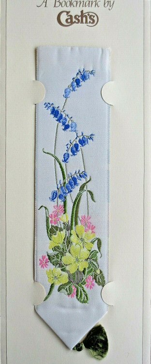 J & J Cash woven bookmark, with no words, but titled: Primrose and Bluebells