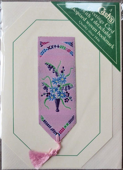 Cash's greeting card, with an attached woven purple bookmark without any words