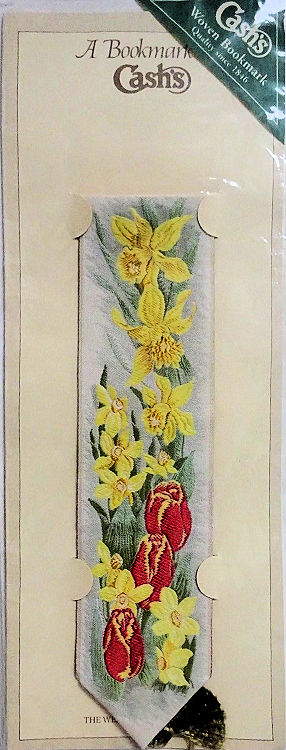 J & J Cash woven bookmark, with no words, but images of Daffodils and Tulips