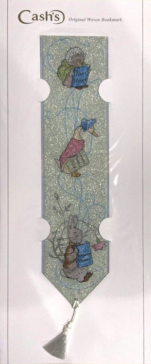 Cash's woven bookmark with three small images with names, Tiggywinkle, Jemima Puddle-duck & Benjamin Bunny, on each