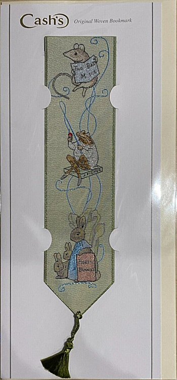 Cash's woven bookmark with three small images with names, Two Bad Mice, Jeremy Fisher & Flopsy bunnies, on each