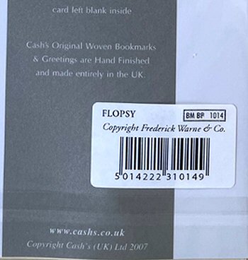 woven J & J Cash name on the reverse top turn-over of this bookmark