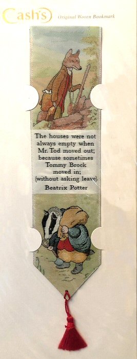 J & J Cash woven bookmark, with words from Beatrix Potter story of Mr Tod