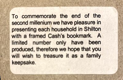 label on reverse of a framed version of this bookmark