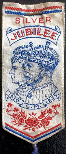 J & J Cash woven small bookmark or favour, with title words and image of Queen Mary and King George V