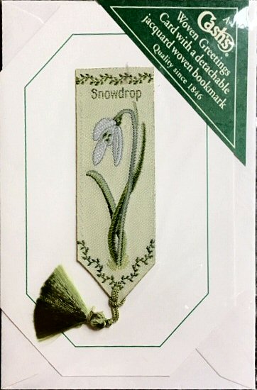 Cash's greeting card, with an attached woven bookmark titled: SNOWDROP