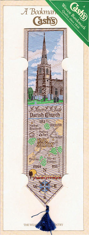 Cash's woven bookmark with image of a church, woven title and image of a map