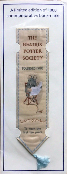 Cash's woven bookmark with title words: THE BEATRIX POTTER SOCIETY