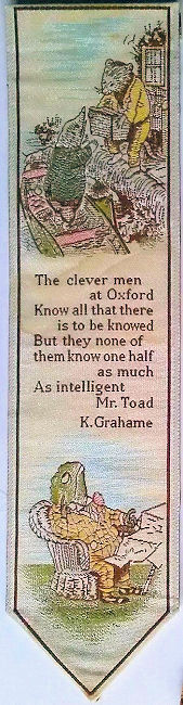 J & J Cash woven bookmark, with words of a Kenneth Grahame quote from Wind in the Willows