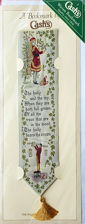 Cash's woven bookmark with woven words of the carol, woman and man and lots of leaves