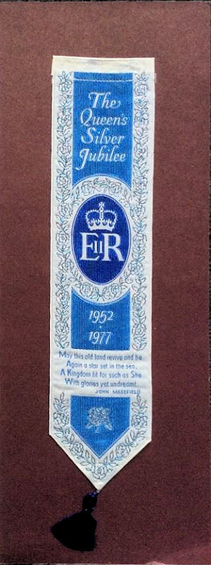 Cash's bookmark with words celebrating the Queens Silver Jubilee