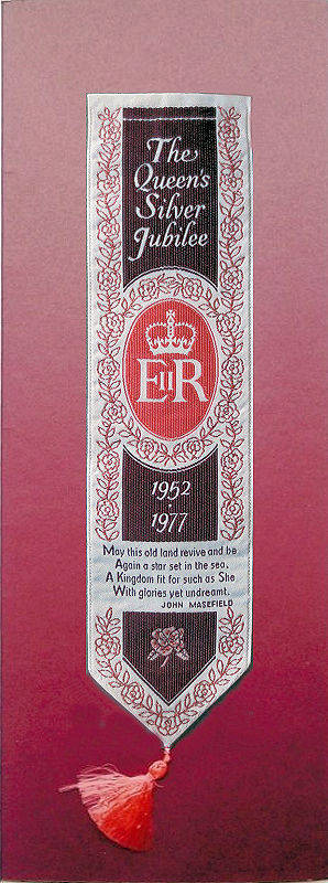 Cash's bookmark with words celebrating the Queens Silver Jubilee