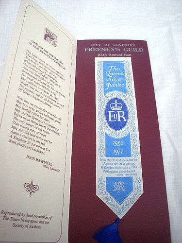 Cash's bookmark with words celebrating the Queens Silver Jubilee